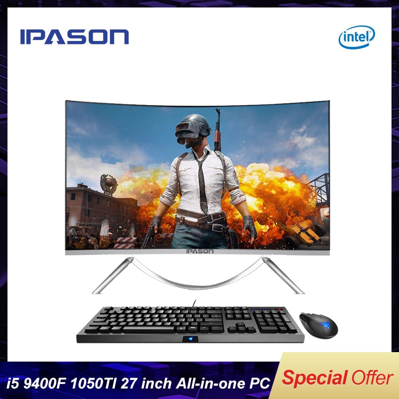 IPASON all in one Gaming PC V10 27inch Intel 6 Core I5 9400F DDR4 8G RAM 480g SSD Non-Integrated 1050ti 4G Graphics card